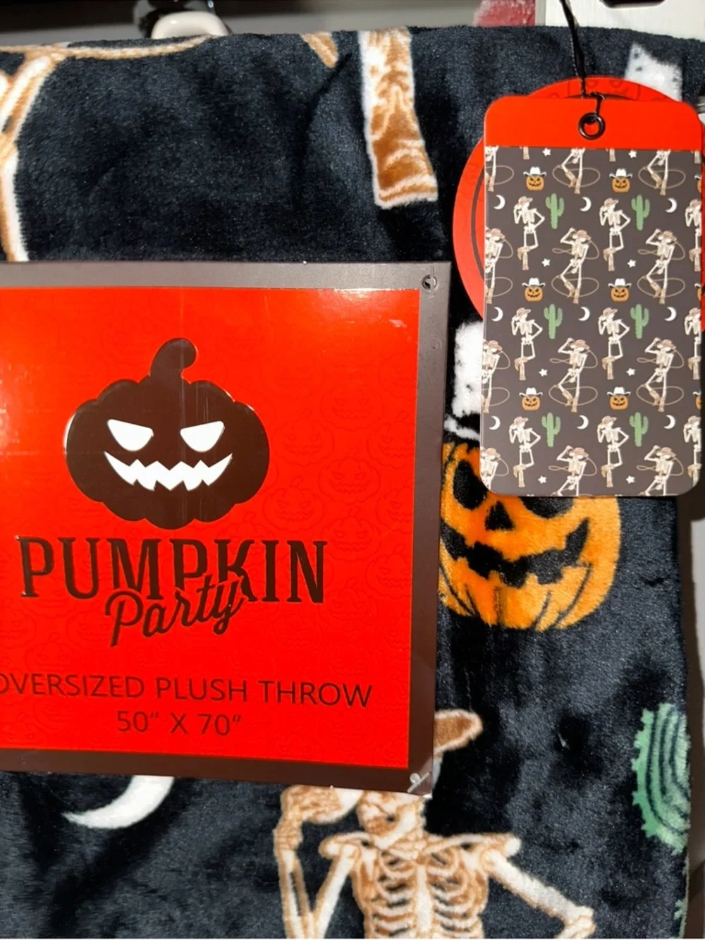 Pumpkin Party Halloween Cowboy Skeleton Plush Throw Blanket